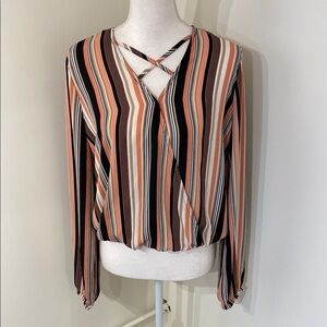Striped V-Neck Blouse - Black, White, and Tan